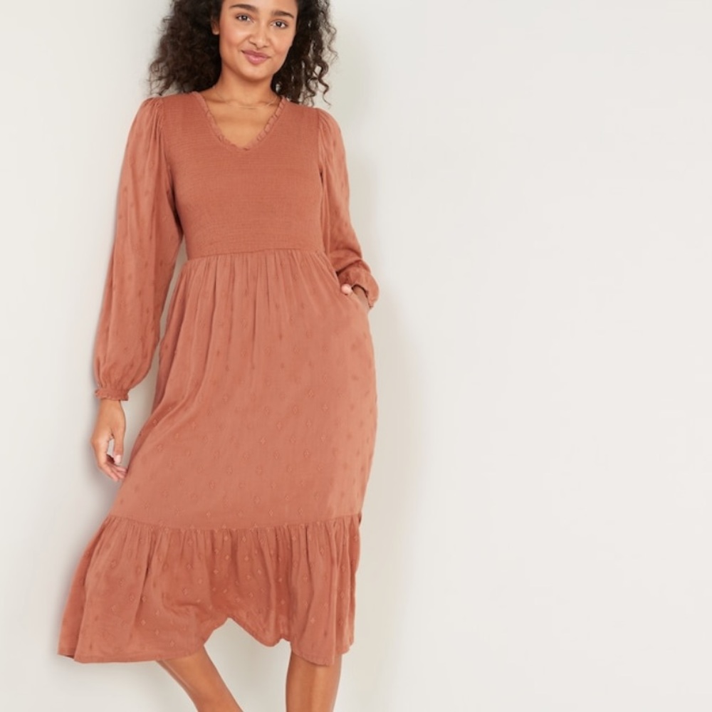 Long Sleeved Fit and Flare Smocked Clip-Dot Midi Dress